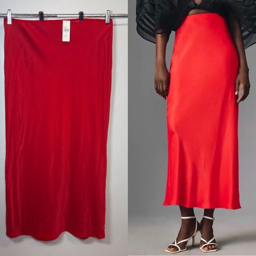 By Anthropologie Tilda Satin Slip Maxi Skirt Red Size Large NWT Boho Holiday